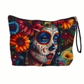 Trousse de toilette avec motifs de crânes en sucre et tournesols Jour des Morts - Crâne floral de tournesol-Avec ruban(xy-032-03) / 17x25cm avec sangle
