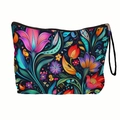 Floral makeup bag with vibrant tulip print and black zipper strap for travel - Artistic Tulip Floral (xy-038-03) / With Strap