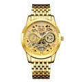 Golden ORUSS mechanical style stainless steel watch with hollow dial and Roman numerals - 9-Row Gold Band - Gold Dial