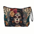 Trousse de maquillage avec motif floral Día de los Muertos et dragonne noire pratique - Femme avec papillons et roses rouges et jaunes-Avec ruban(xy-032-04) / 17x25cm avec sangle
