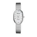 Women's quartz watch featuring an oval dial with crystals and a silver mesh band - Silver White