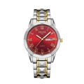 Detail of dark red sunray dial with golden Roman numerals and luminous hands on watch - Two-tone Gold Strap - Red Dial