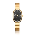 Elegant gold quartz watch with oval black dial and textured metal link strap for women - Gold Band Gold Case Black Dial
