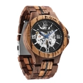 Handcrafted automatic wooden skeleton watch for men with zebra wood texture and blue hand - Walnut & Zebrawood