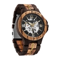 Men's automatic skeleton mechanical watch with retro dark brown wood and gold steel strap - Black & Zebrawood