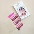 Detail view of XXL long pink coffin nails with red and green plaid patterns and gold studs - Christmas Red Green French Plaid Style (XC-83-58)