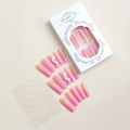 Detail of pink gradient press-on nails with 3D white flowers and sparkling diamonds - Pink Gradient 3D Flower Rhinestone Style (XH-87-17)