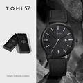 Minimalist black quartz watch with calendar window and premium gift box for men and women - Black Case Black Strap