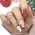 Unghie finte a mandorla natalizie rosse con Babbo Natale, fiocchi di neve e anello decor - Stile Stiletto Rosso Bianco Opaco Babbo Natale (XL-85-67)