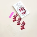 Detail view of burgundy and glitter press-on nails set with pink file and adhesive tabs - Wine Red Marble Glitter Style (XA-84-54)