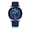 Detail of navy blue dial and silver case with chronograph sub-dials on men's watch - Dark Blue