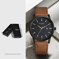 Minimalist TOMI quartz watch with black dial, date window and brown suede leather strap - Black Case Brown Strap
