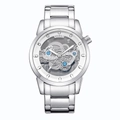 Silver hollow mechanical watch for men with transparent dial and steel band - Silver