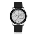 Detailed macro view of white textured dial with chronograph sub-dials and silver bezel - Black