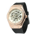 Men's automatic skeleton watch with rose gold brushed case and black rubber strap - Rose Gold Case White Face