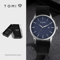 Minimalist TOMI watch with blue dial, black strap, and date display in original box - Silver Case Black Strap