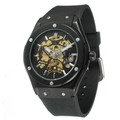 Men's skeleton automatic mechanical watch with black rubber strap and golden gears - Black Case Black Dial