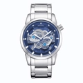 Business men's skeleton mechanical watch with silver stainless steel strap and blue dial - Silver Blue Dial