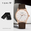 Minimalist quartz watch with rose gold case, brown leather strap and date display - Rose Gold Case Dark Brown Strap