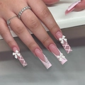 Pink ballet style press-on nails with 3D white bows, pearls, and ribbon wrap design - XH-91-22 (Pink White Artificial Pearl Bow Long Pipe)