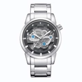 Silver stainless steel skeleton watch for men with transparent dial and mechanical gears - Silver Case Grey Dial