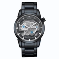 Men's business watch with black steel strap and silver hollow-out skeletal movement - Black