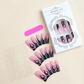 Detail view of long coffin nails with pink and black fire patterns and accessories - Pink and Black Flame Pattern Style(XD-86-29)