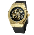 Skeleton mechanical watch with gold metal case, black silicone strap and visible gears - Gold Case Black Dial