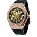 Men's skeleton mechanical watch with rose gold case and black rubber strap - Rose Gold Case Black Dial Gold Movement