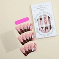 Macro detail of French bow and pearl accents on chocolate brown press-on nails set - Brown Pink French Gradient Bow Style (XD-88-21)