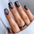 Sparkly black square press on nails with white snowflakes and beaded ring - Black Glitter Snowflake Square Style (XC-81-35)
