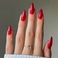 Gold chain ring with emerald-cut zircon paired with long red almond press-on nails - Vibrant Red (XH-87-81)