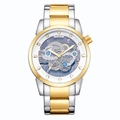 Hollow skeleton mechanical watch for men with silver and gold stainless steel band - Two-Tone Gold Silver Silver Dial