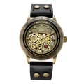 Vintage bronze skeleton mechanical watch for men with black leather rivet strap - Black Band
