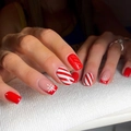 Short square press on nails with red stripes and white snowflake Christmas designs - Red White Diagonal Stripe Snowflake Square Style (XH-87-75)