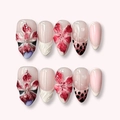 3D floral pink almond press-on nails with handcrafted relief flowers and water drops - 3D Relief Red Flower Style (1XB1-13586) / 30 Pcs/Boxed