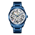 Blue stainless steel men's watch with skeletal mechanical dial and matte finish strap - Blue