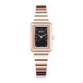 Detail of rectangular rose gold watch with black dial and horizontal link strap - Rose Gold Black