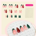 Christmas themed press-on nails with red French tips, green polish, and 3D rhinestones - Christmas Red Green Rhinestone Style (1XB1-13508) / 24Pcs/Boxed (With Kit)