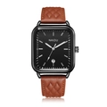 Reloj de cuarzo rectangular con esfera negra, correa de cuero marrón y fechador - Rojo y Negro (Correa Marrón Rojizo/Caja Negra)