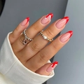 Christmas red French press on nails with Santa hat art and beaded sun rings - Red French Christmas Hat Sun Ring Style (XH-13-05)