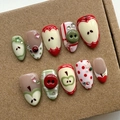 3D handmade fruit-themed press-on nails with apple patterns and cute button accents - Pastoral Apple Slice 3D Decor Style (1XB1-13636) / 10 Pieces
