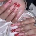 Long square press on nails featuring red bows and Christmas stripe patterns - Red Bow Christmas Stripe Square Style (XA-84-99)