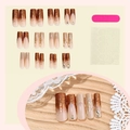 Uñas postizas largas cuadradas de lujo con degradado de purpurina marrón y diamantes - Degradado Nude Purpurina Dorada Diamantes de Imitación (Set de 24)