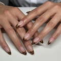 Almond shaped nude pink press-on nails with leopard French tips and small gold studs - Almond Nude Leopard Metal Bead Style (1XB1-13311)