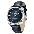 Men's quartz watch featuring a blue sunray dial and crocodile pattern leather strap - Silver Case Blue Dial Blue Leather Strap