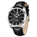 Men's business quartz watch with black embossed leather strap and sunray black dial - Silver Case Black Dial Black Leather Strap