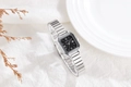 Elegant square quartz watch with silver bamboo steel band and minimalist black dial - Black