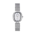 Detail shot of the oval silver dial with sleek metallic woven band on this quartz watch - White