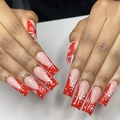Long square press on nails with red French tips and white hand-painted snowflake designs - Red French Snowflake Glossy Long Square Style (XG-101-74)
